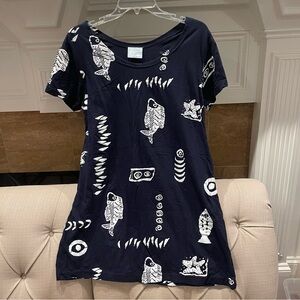 Shoe Shack Dress Womens M Fish Navy White Handstamped Short Beach Swim Coverup
